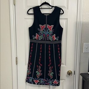 Anthropology Maeve Black Dress with Red and Green Embroidery